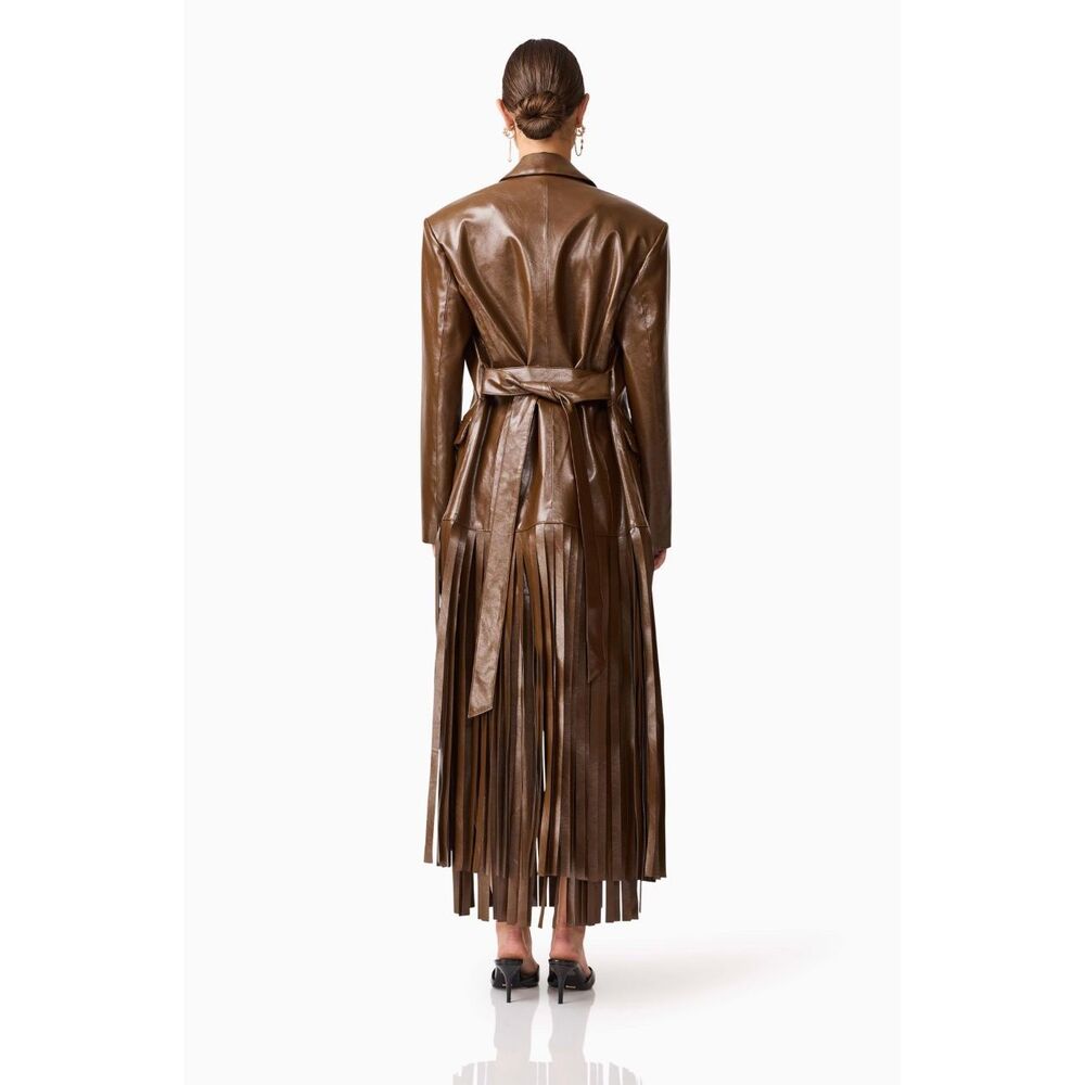 ELLIATT Vegan Leather Fringe Suit Set – Brown Blazer & Maxi Skirt size S NWT - Picture 3 of 11